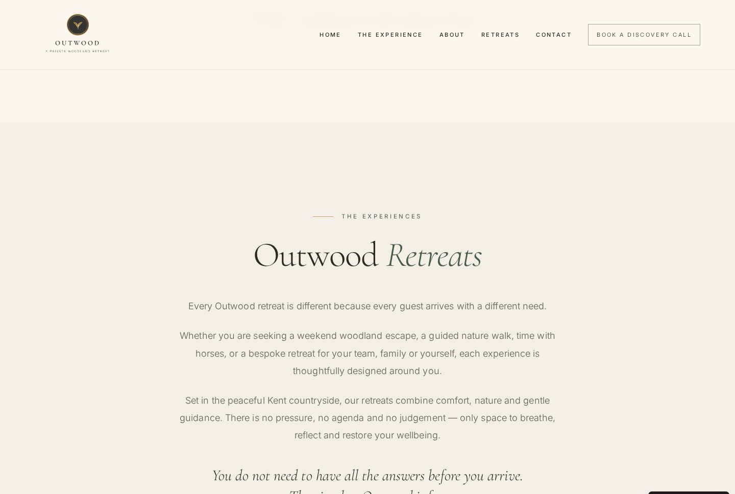 Outwood Retreats website experience section using calm typography and generous space