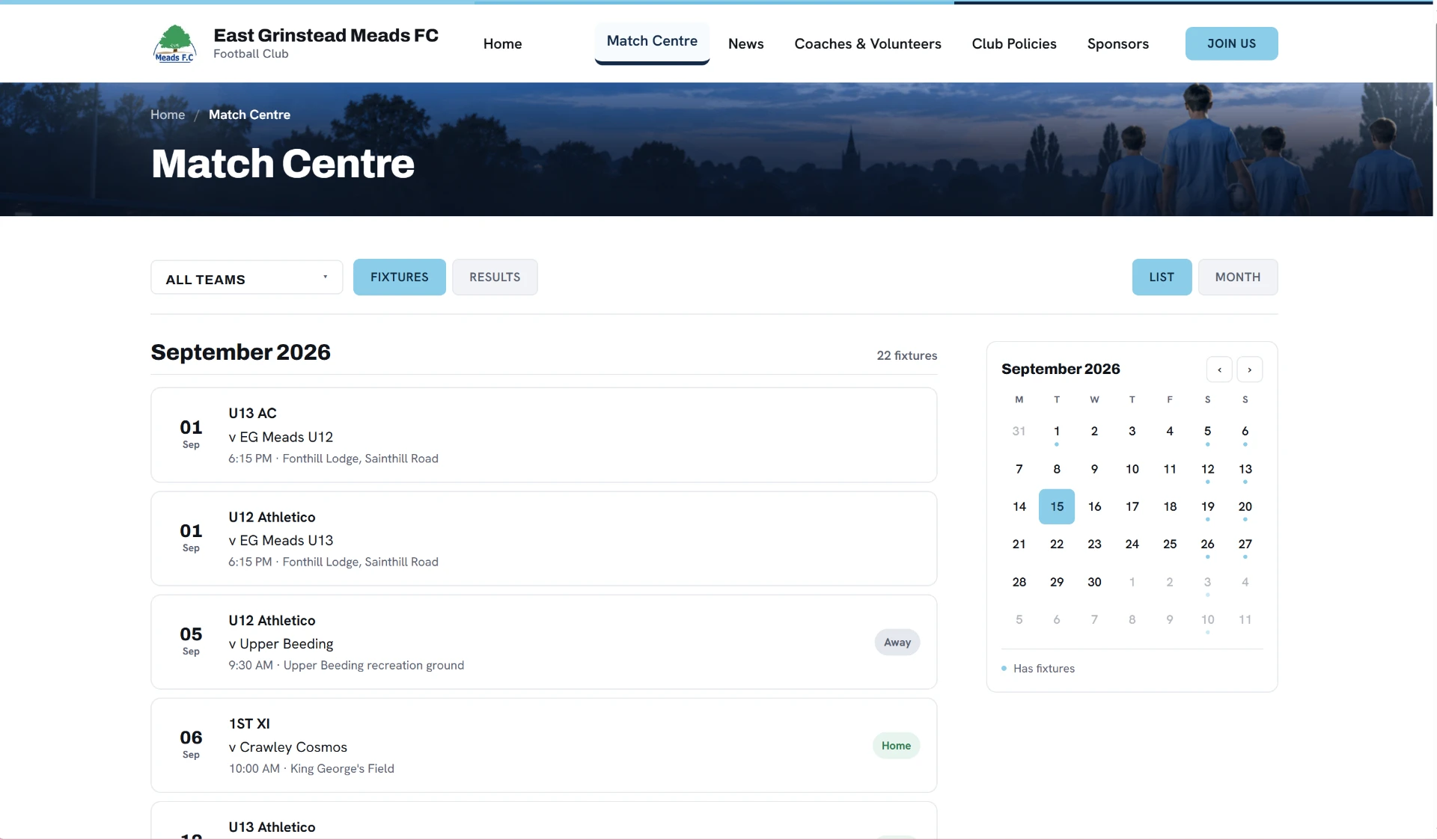 East Grinstead Meads FC interactive match centre showing fixtures list and month calendar