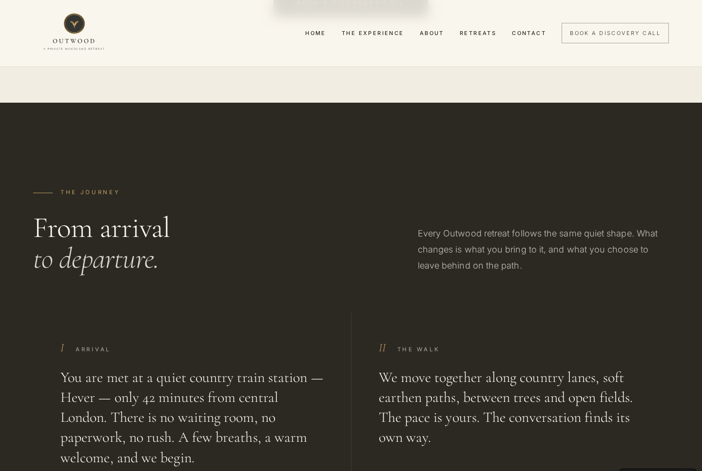 Outwood Retreats customer journey section showing the experience from arrival to departure